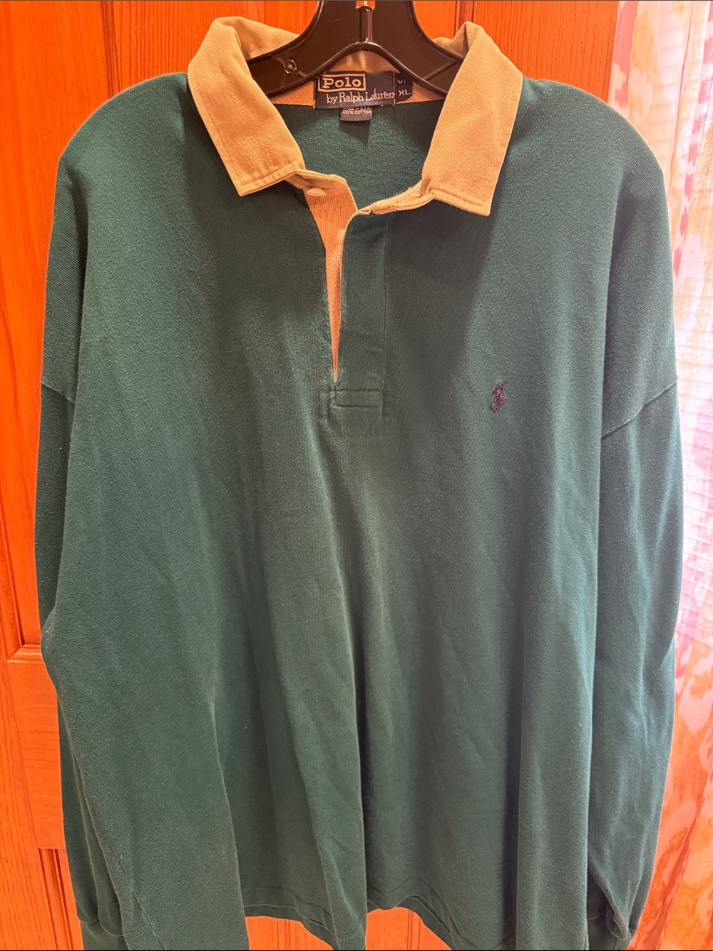 Vintage Polo by Ralph Lauren Dark Green Rugby Shirt with Tan Collar